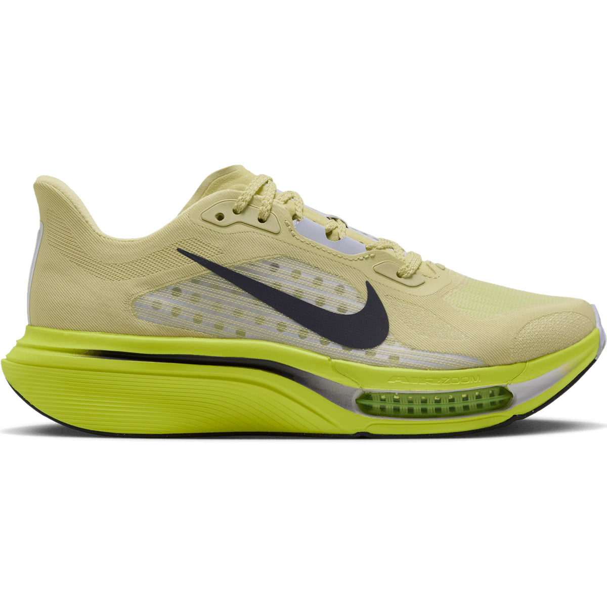 Women’s Pegasus Plus 2 Running Shoes Fennel Gridiron / Lemon Venom in pale yellow with a dark grey swoosh and a bright lime green midsole featuring a visible Air Zoom unit.