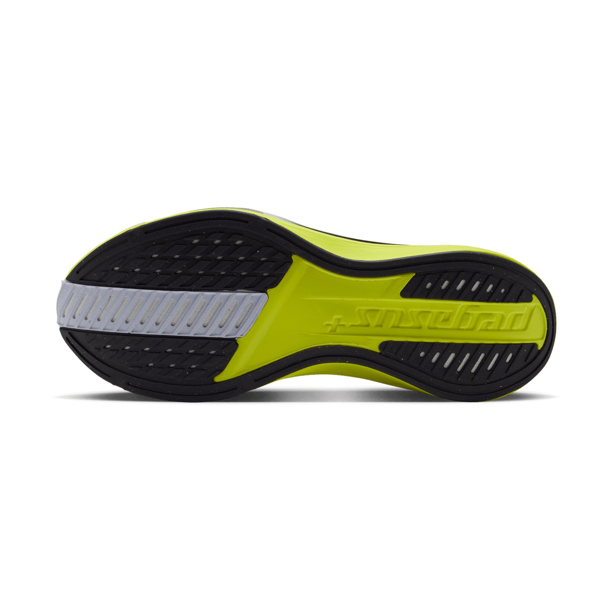 The bottom view of a Women’s Pegasus Plus 2 Running Shoes Fennel Gridiron / Lemon Venom showing a black and yellow tread pattern and the word Pegasus embossed on the sole.