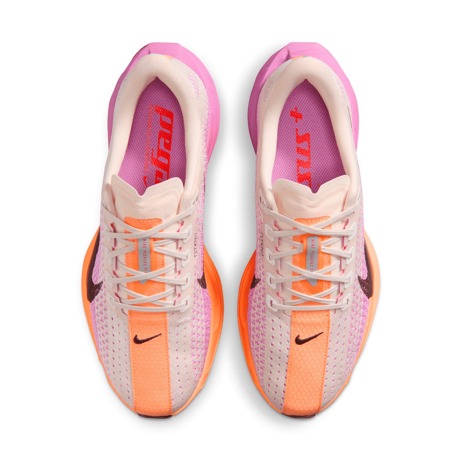 Women's Nike Pegasus Plus Running Shoes Orange Pink top view showing stretchy perforated Flyknit upper with breathable construction and seamless fit