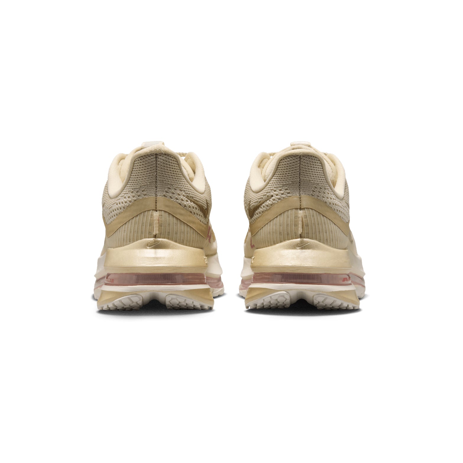 Women's Nike Pegasus Premium Running Shoes Light Khaki Metallic Gold Grain Sail Chalk heel view showing Air Zoom technology with full-length ZoomX foam for cushioned impact protection during landing