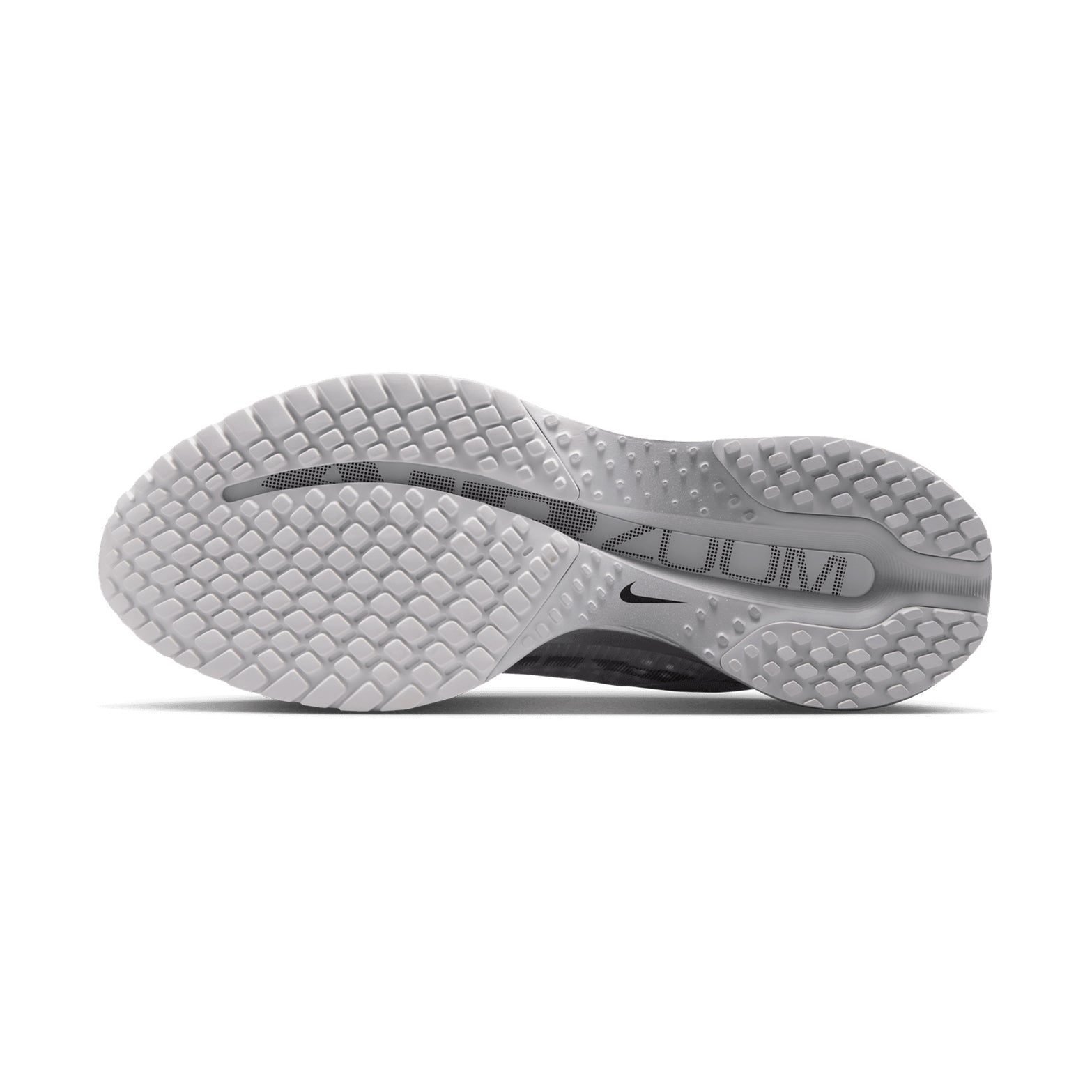 Women's Nike Pegasus Premium Running Shoes Summit White Grey Fog Black Metallic Silver sole view displaying durable outsole with high-abrasion rubber for dependable road traction