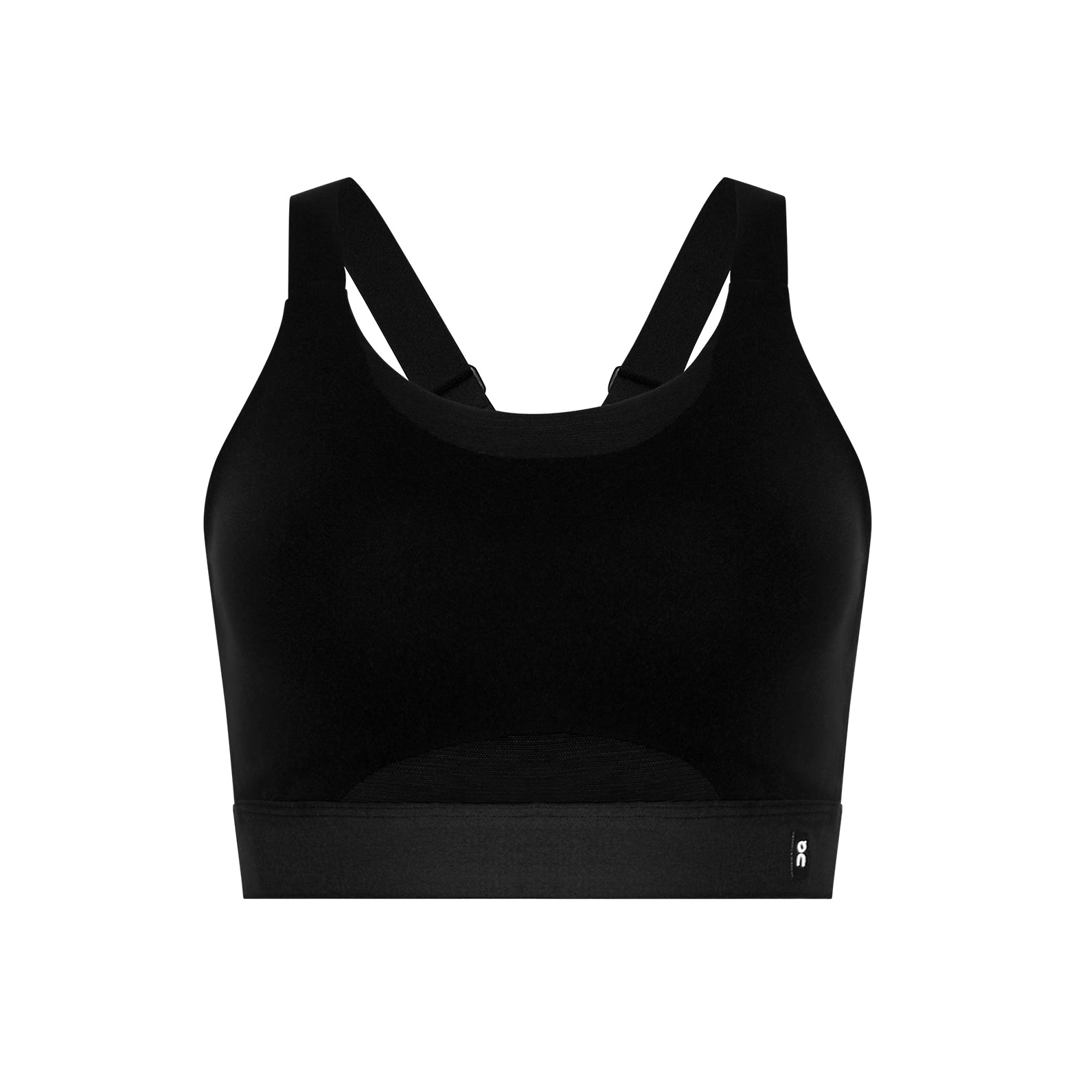 Women's On Performance Bra Black product view showing medium support construction with breathable mesh racerback and On DryTec moisture-wicking fabric