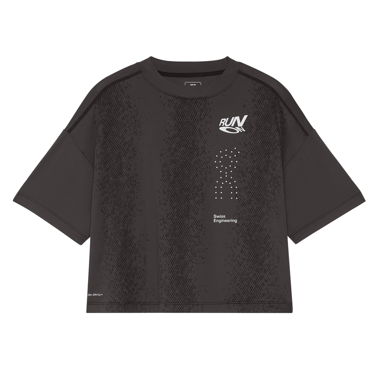 Women's On Performance Volt-T Iron product view showing relaxed fit with On DryTec quick-drying moisture-wicking fabric and expressive run-culture graphics