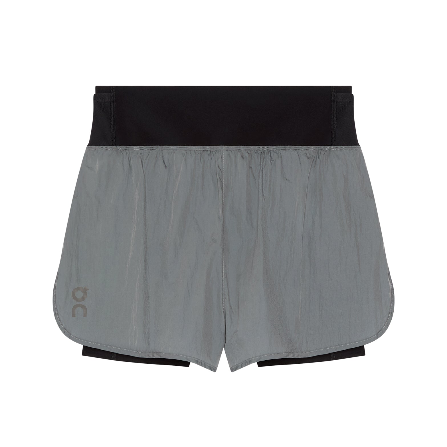 Women's On Performance Volt Shorts Glacier product view showing dual-layer construction with windproof water-repellent iridescent outer and supportive inner tights