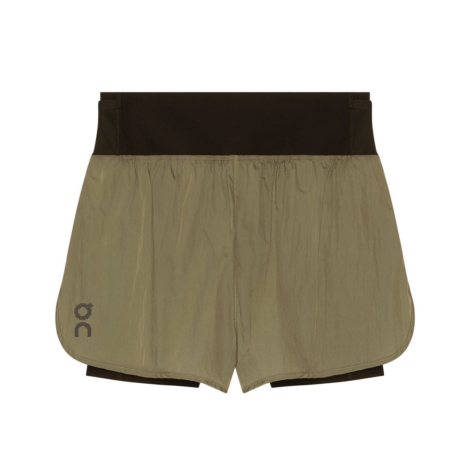 Women's On Performance Volt Shorts Safari product view showing dual-layer construction with windproof water-repellent iridescent outer and supportive inner tights