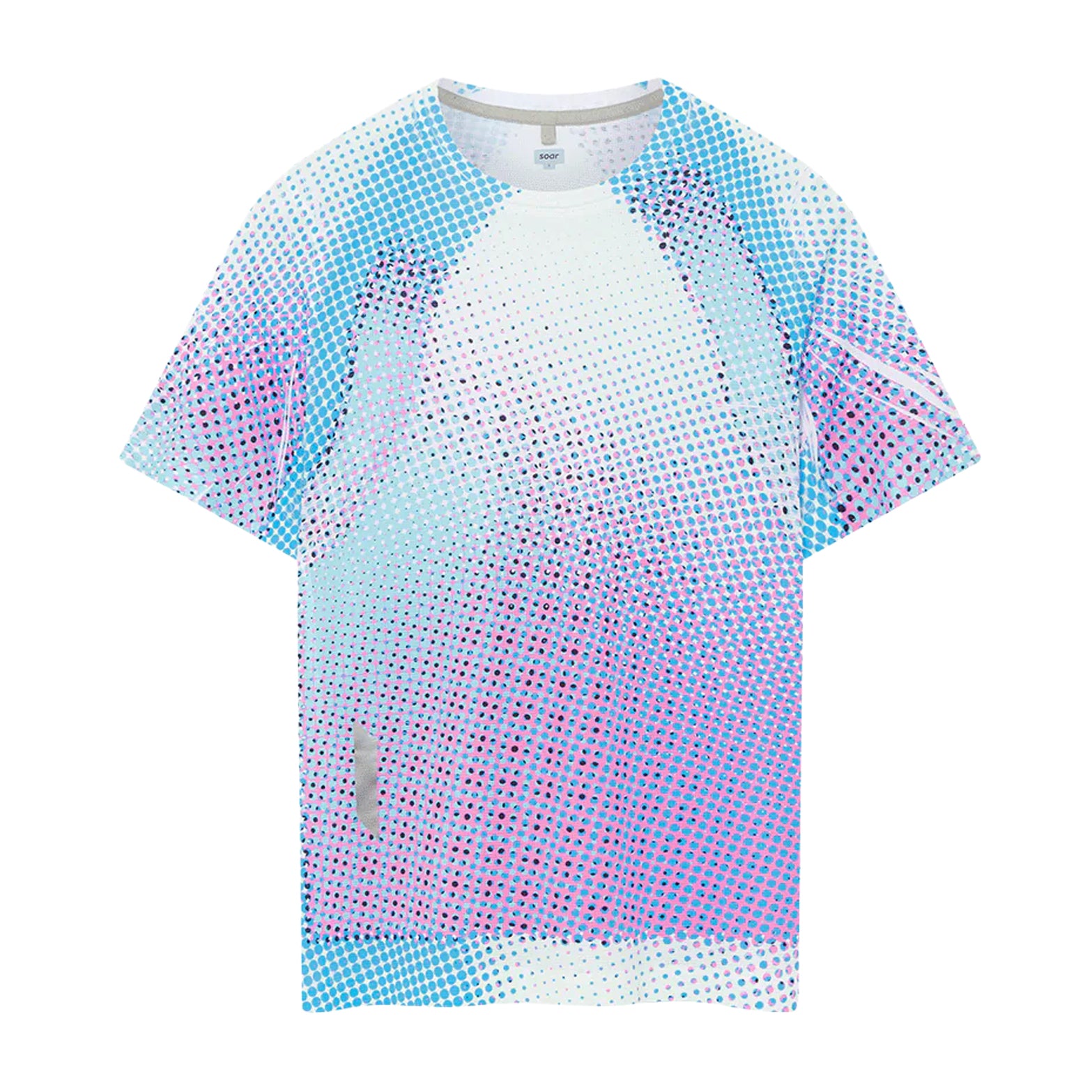 Soar Printed Tech Tee women's in Blue / Magenta — front product shot showing limited edition post-construction print, four-panel construction and reflective Soar logo