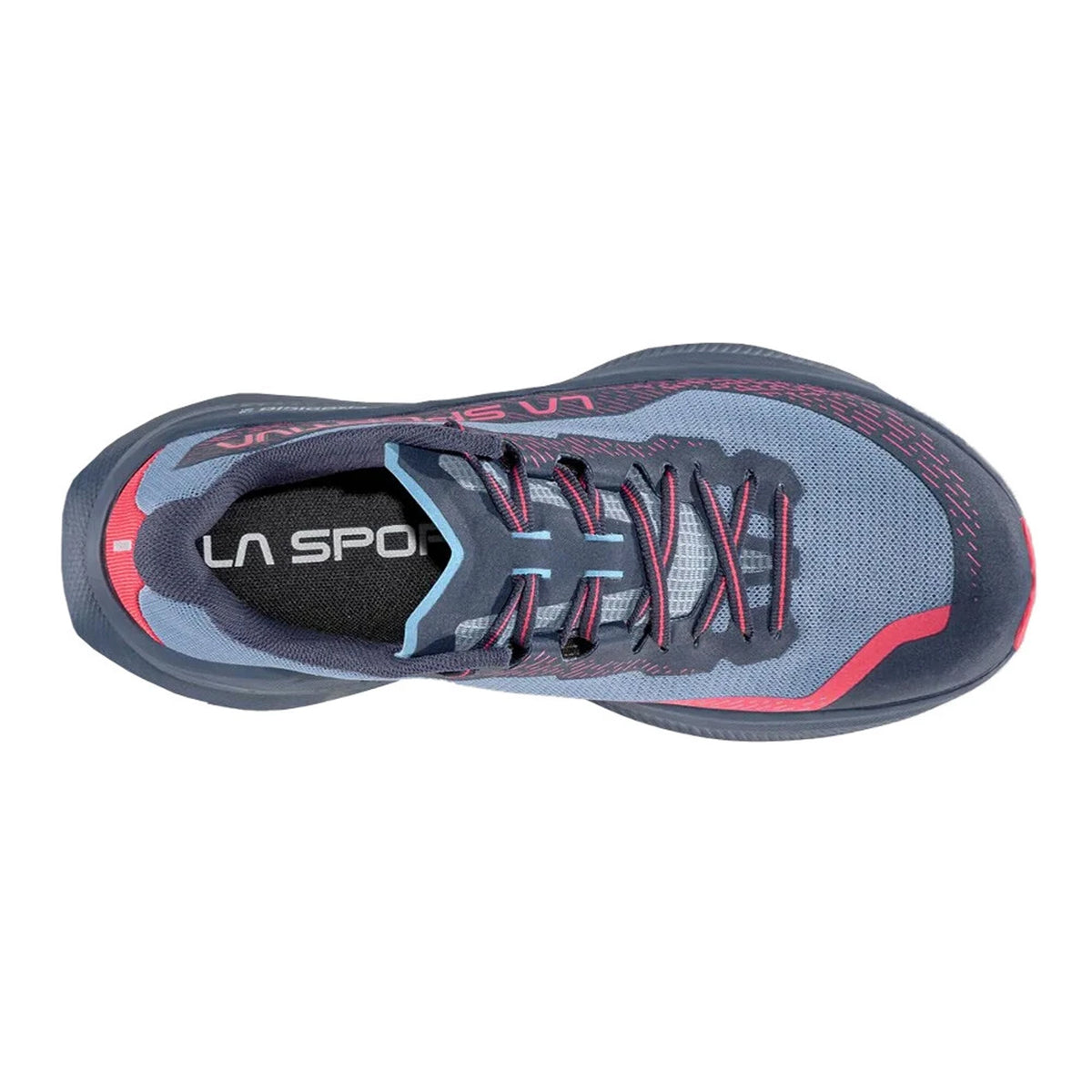 La Sportiva Prodigio 2 women's trail running shoe in Limestone / Azalea — top-down view showing limestone breathable high-tenacity 3D mesh upper construction, lace closure and azalea accent detailing