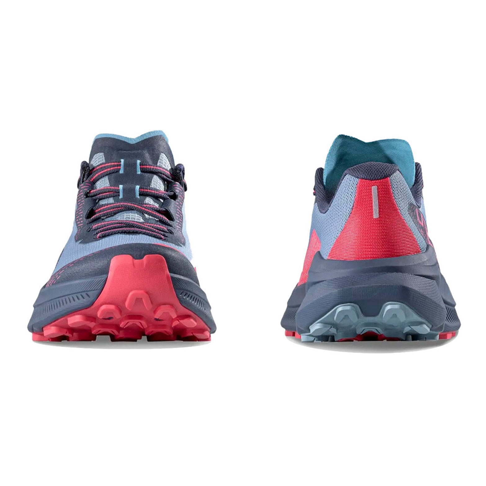 La Sportiva Prodigio 2 women's trail running shoe in Limestone / Azalea — heel and front combined view showing azalea heel cup and limestone breathable 3D mesh upper with front lace closure and azalea accent detailing on nitrogen-injected XFlow™ foam midsole