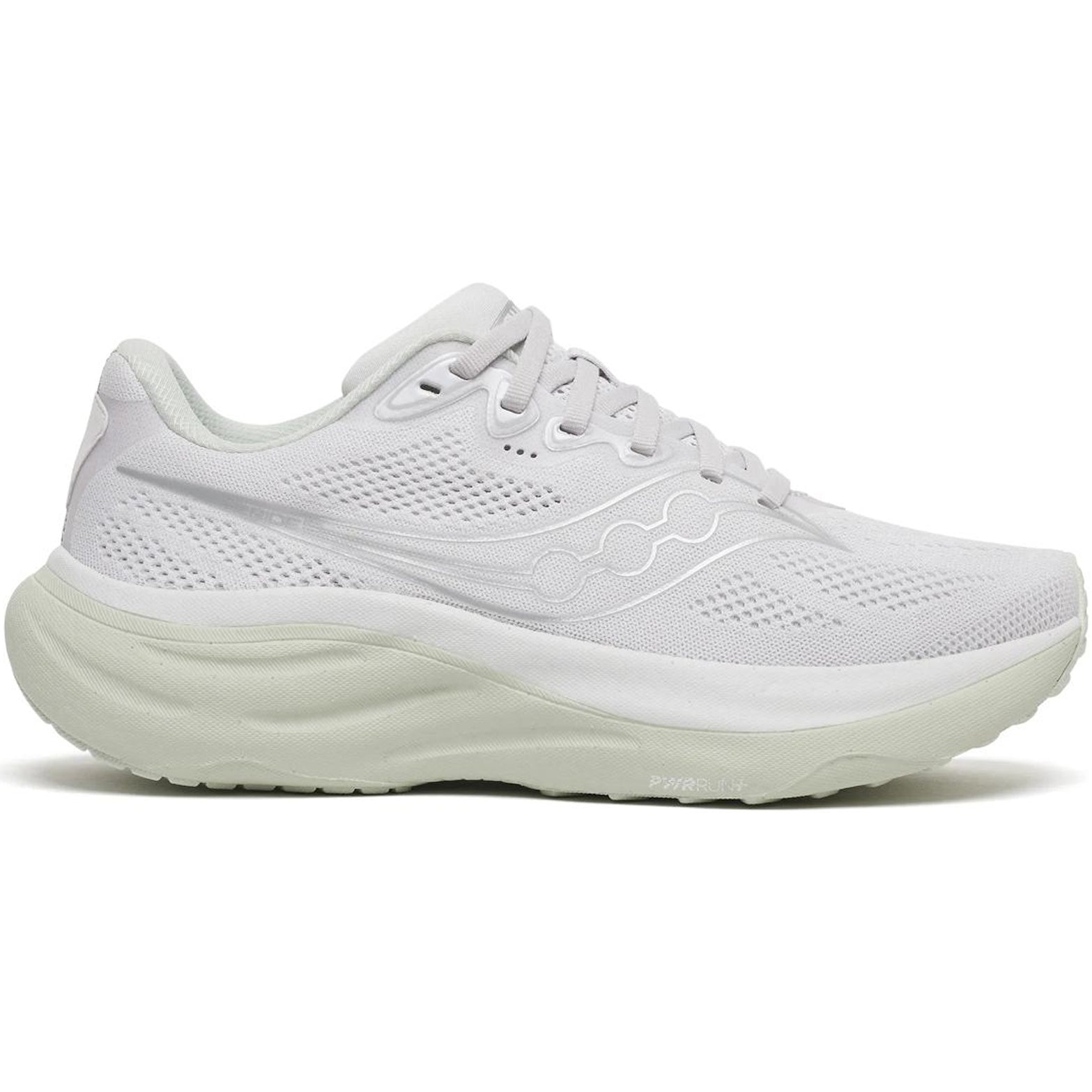 Women's Saucony Ride 19 Running Shoes Fog Cast outer side view showing reformulated PWRRUN+ foam with added flex grooves for versatile daily training runs