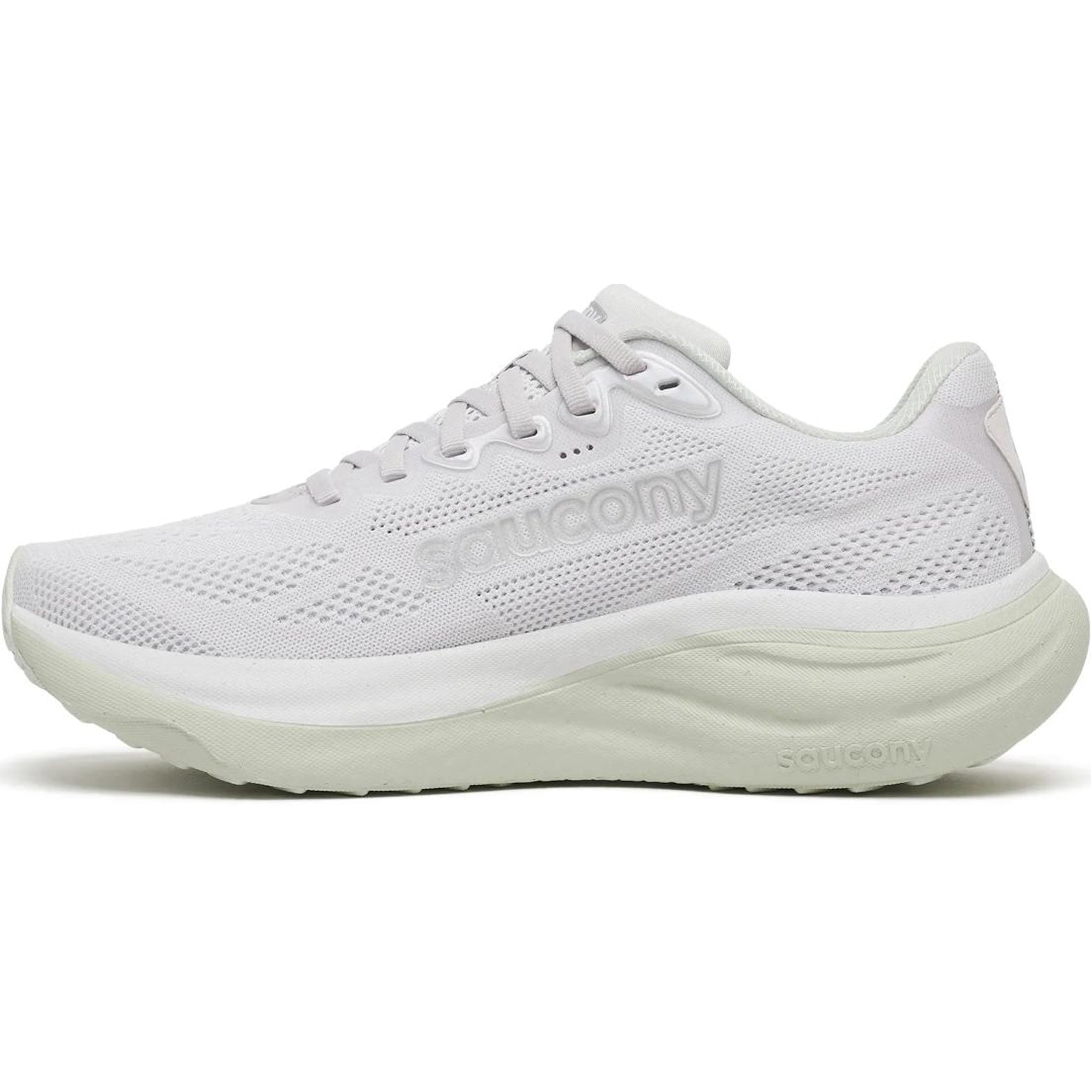 Women's Saucony Ride 19 Running Shoes Fog Cast inner side view showing plush PWRRUN+ cushioning with engineered mesh upper for responsive comfortable road running