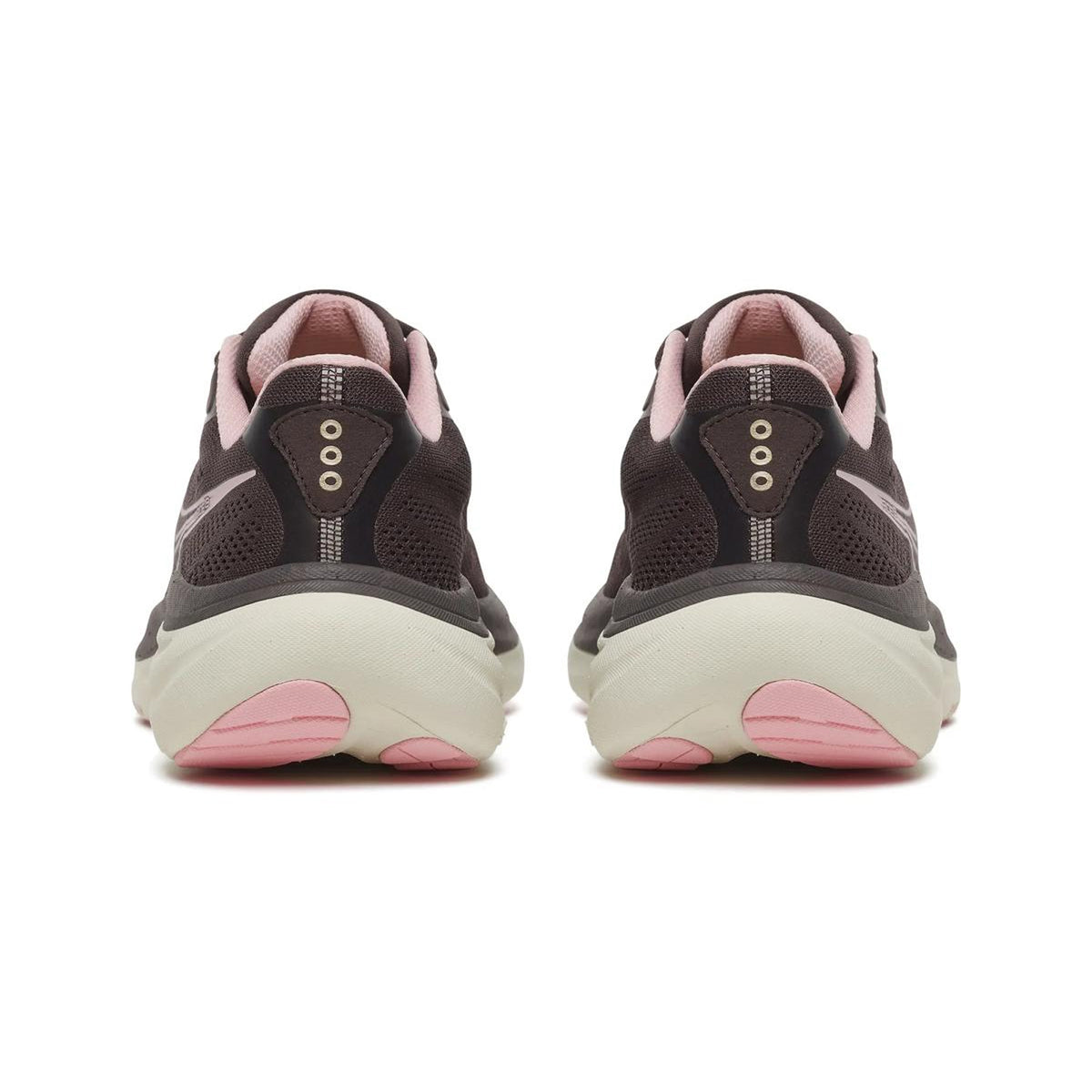 Rear view of a pair of Saucony Women’s Ride 19 Running Shoes in Torte and Eggshell, featuring white soles and responsive PWRRUN+ foam cushioning, shown against a plain white background—an ideal choice for everyday running.