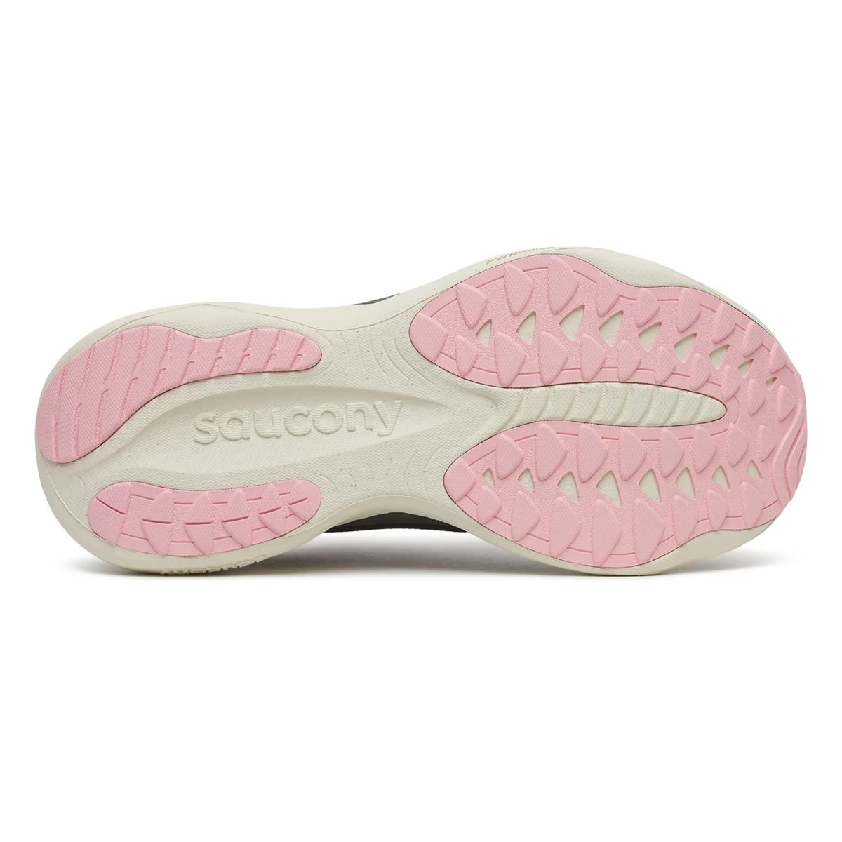 The image shows the torte and eggshell outsole of a Women’s Ride 19 Running Shoe by Saucony, viewed from the bottom, with the brand name Saucony embossed in the midfoot area.