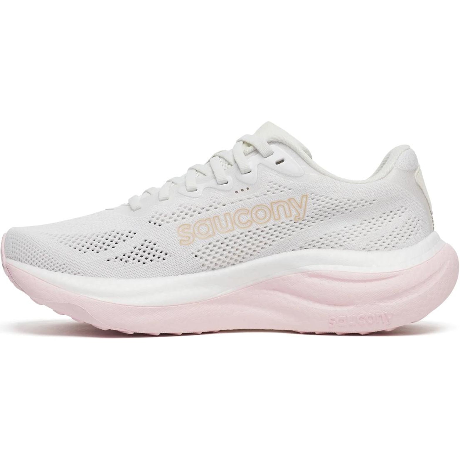 Women's Saucony Ride 19 Running Shoes White Silk inner side view showing neutral cushioning platform for smooth road running