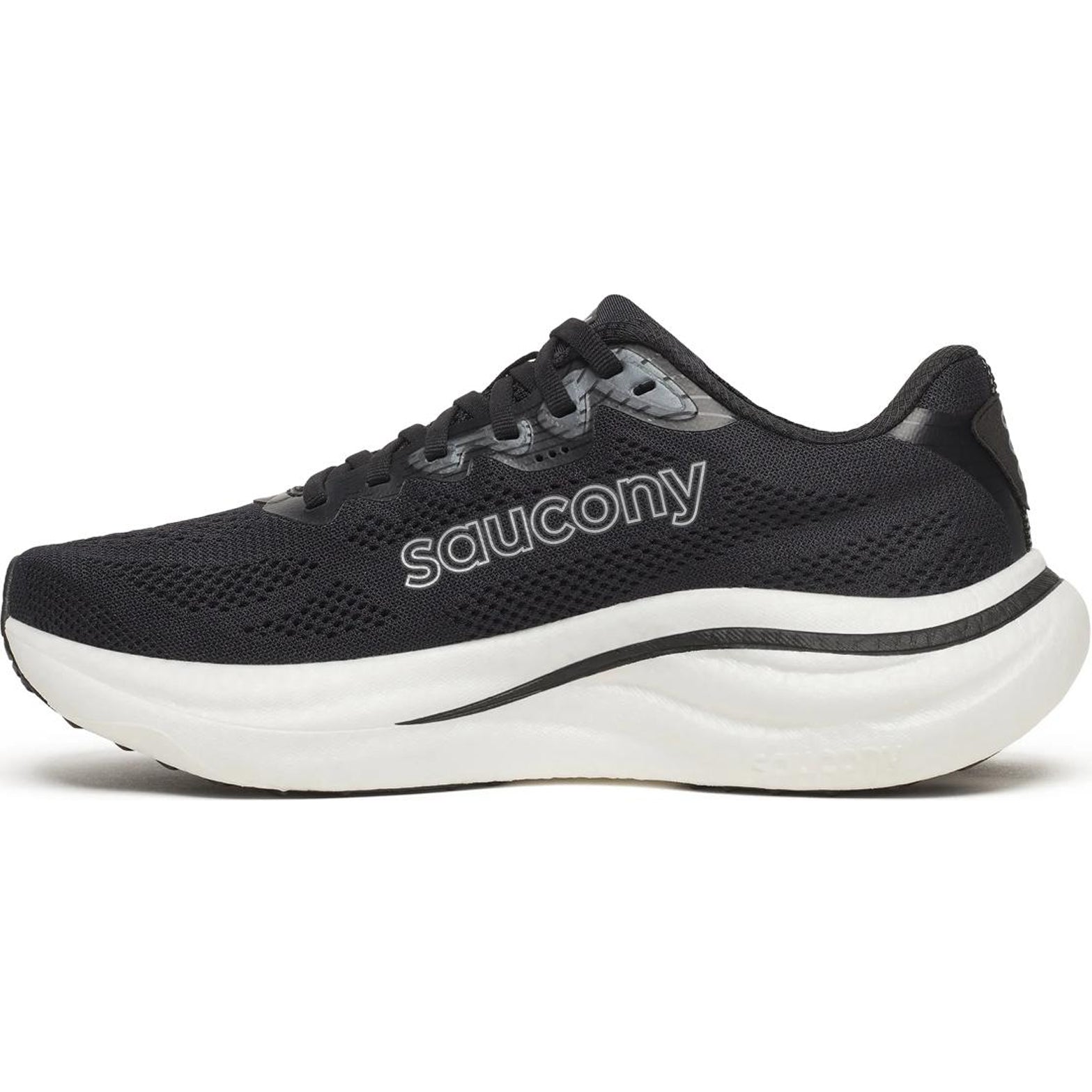 Women's Saucony Ride 19 Wide Fit Running Shoes Black Silver outer side view showing cushioned midsole construction with wide fit for comfortable daily training runs
