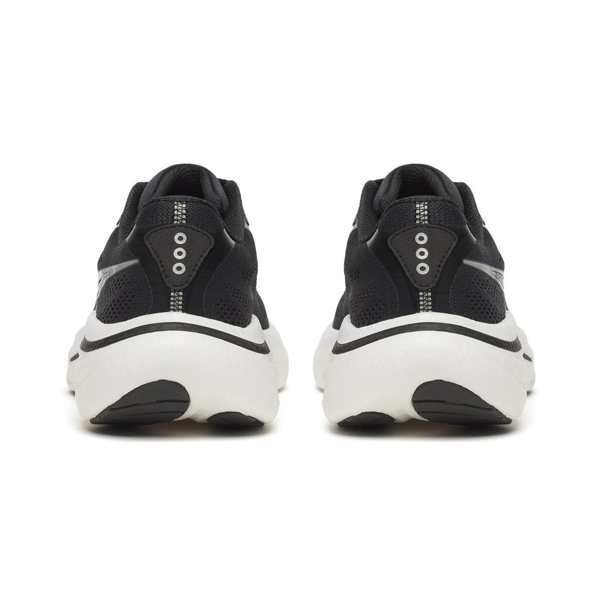 Women's Saucony Ride 19 Wide Fit Running Shoes Black Silver heel view showing cushioned midsole stack with wide fit construction for comfortable everyday running