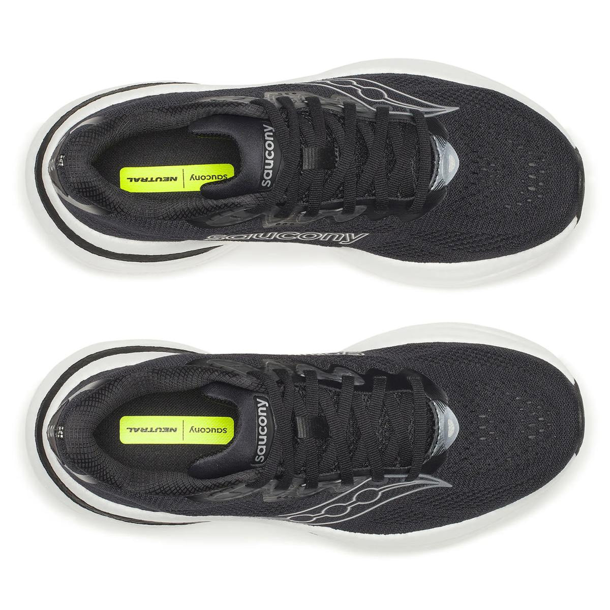 Women's Saucony Ride 19 Wide Fit Running Shoes Black Silver top view showing breathable upper construction with wide fit design for everyday running comfort