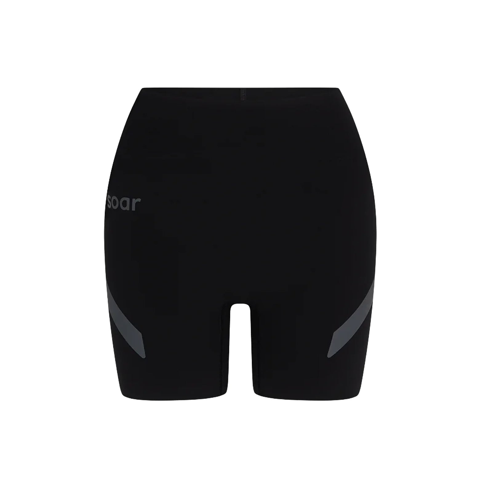 Soar Speed Shorts women's in Black — front product shot showing three-panel hip-to-waist cut, waistband-free seamless construction and reflective Soar logo
