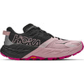 Women's HOKA Speedgoat 7 Trail Running Shoes Black Pink Opal outer side view showing super-critically foamed EVA midsole with Vibram Megagrip outsole and 5mm traction lugs for technical trail running
