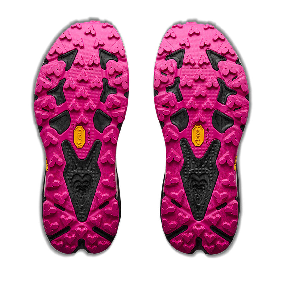 Women's HOKA Speedgoat 7 Trail Running Shoes Black Pink Opal sole view displaying Vibram Megagrip outsole with 5mm traction lugs and updated lug orientation for maximum grip on technical terrain