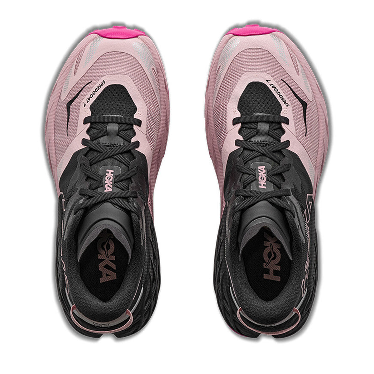 Women's HOKA Speedgoat 7 Trail Running Shoes Black Pink Opal top view showing lightweight RPET woven textile upper with gaiter attachment and lay-flat tongue for technical mountain running