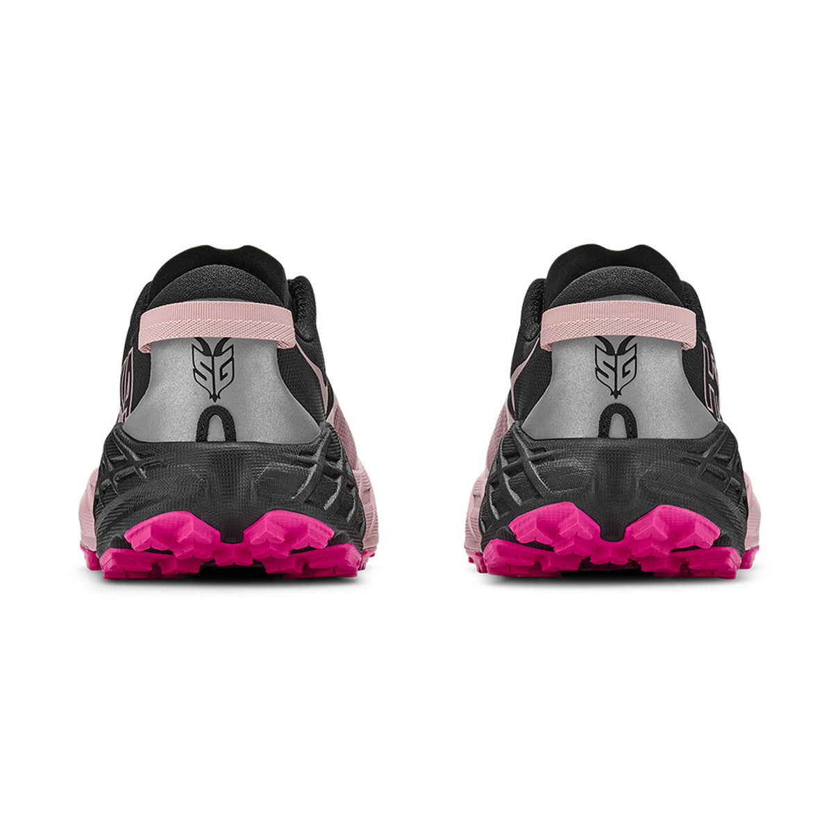 Women's HOKA Speedgoat 7 Trail Running Shoes Black Pink Opal heel view showing super-critically foamed EVA cushioning with refined heel collar and heel pull tab for comfortable technical trail running