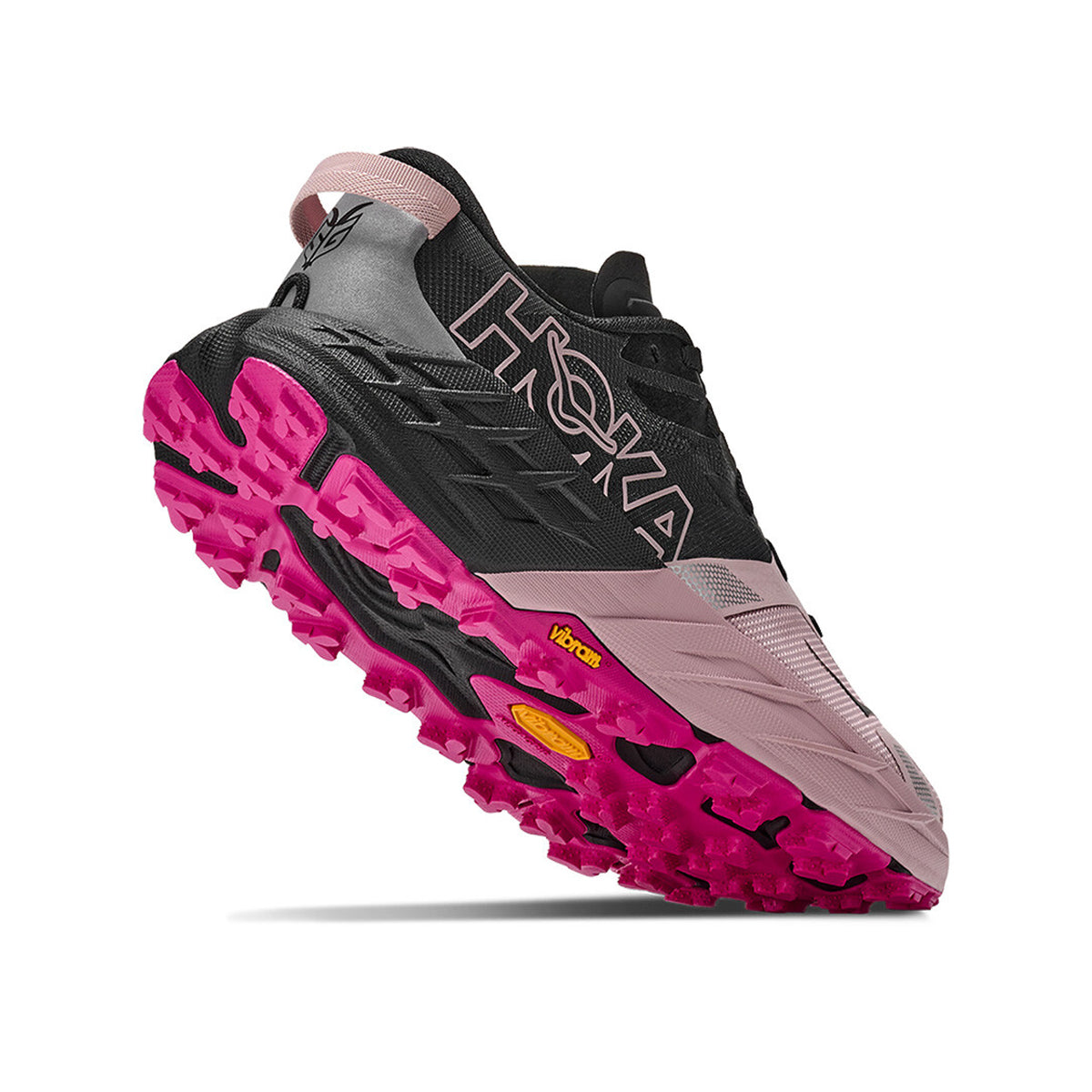 Women's HOKA Speedgoat 7 Trail Running Shoes Black Pink Opal angled side and heel view showing super-critical EVA midsole with Vibram Megagrip 5mm lugs and RPET upper for responsive cushioned technical trail running