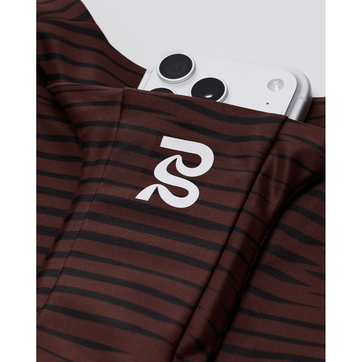 Women's Bandit Stamina Race Crop Organic Stripe Cacao close-up of waterproof underarm phone pocket showing sweat-proof storage that protects device during racing