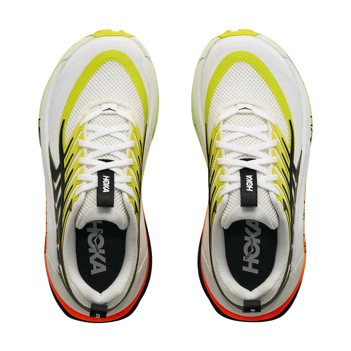Women's HOKA Stinson 8 Trail Running Shoes Frost Black top view showing breathable mesh upper with supportive moulded cage overlay, dual-sided gusset and webbing heel pull for secure trail fit