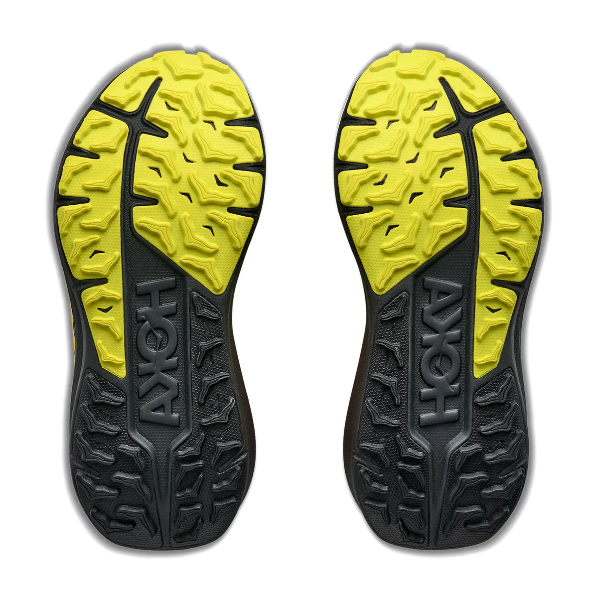 Women's HOKA Stinson 8 Trail Running Shoes Frost Black sole view displaying Durabrasion rubber outsole with refigured 3.5mm gravel bike-inspired lugs for seamless road to trail traction