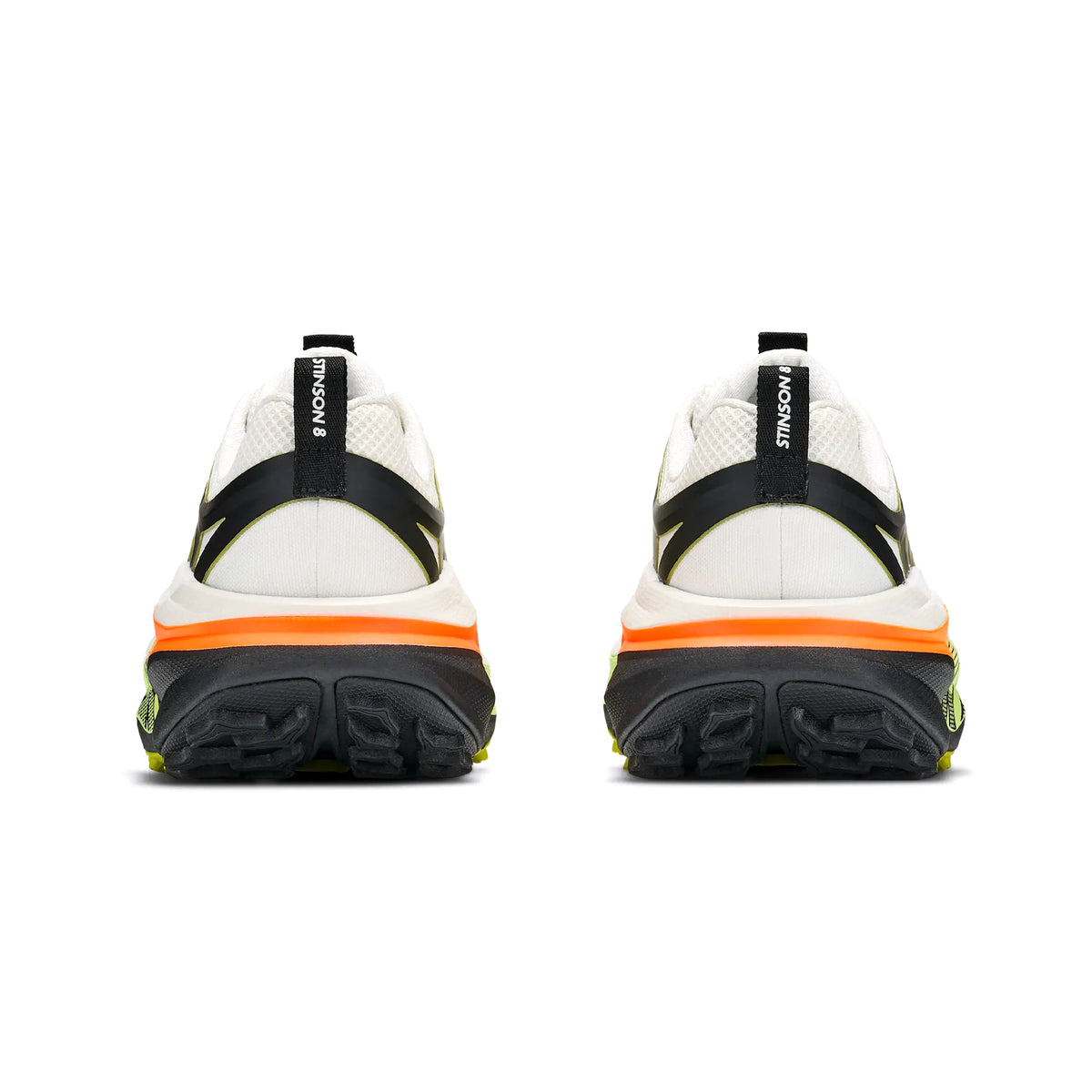 Women's HOKA Stinson 8 Trail Running Shoes Frost Black heel view showing dual-layer midsole with updated H-Frame stability and webbing loop heel pull for comfortable locked-in trail running