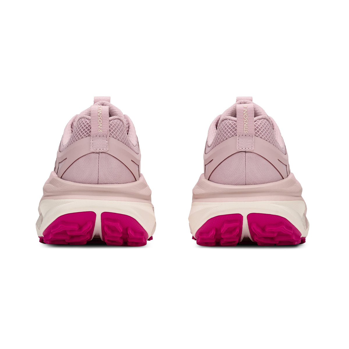 A pair of Hoka Women’s Stinson 8 Trail Running Shoes in Pink Opal / Alabaster are shown from the back, highlighting their white midsoles and vibrant pink outsoles against a plain white background. Designed for trail running, these sneakers feature H-Frame stability technology to provide dependable support across all terrains.