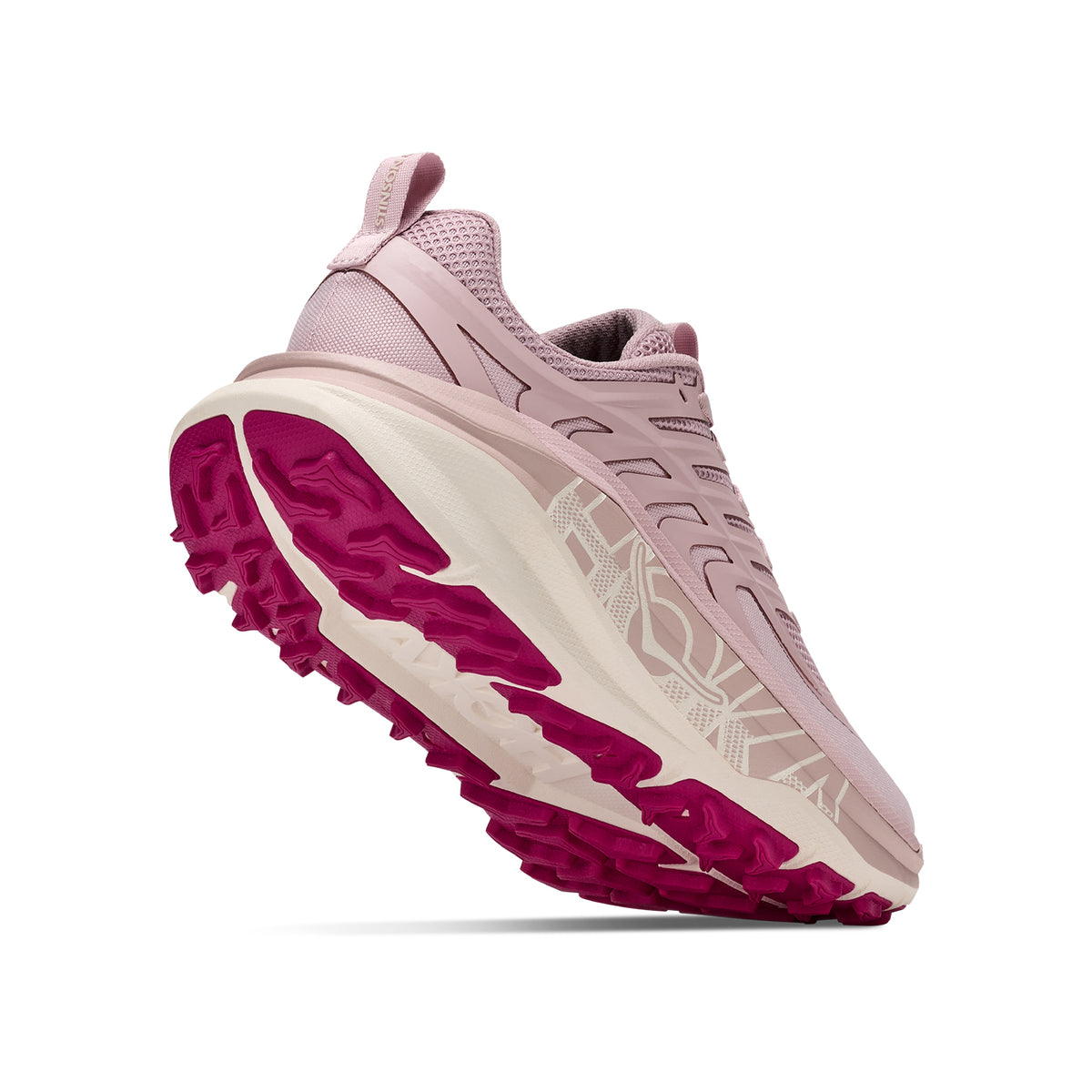A pink and white athletic shoe with a thick, textured magenta sole, shown from a low rear angle against a white background.