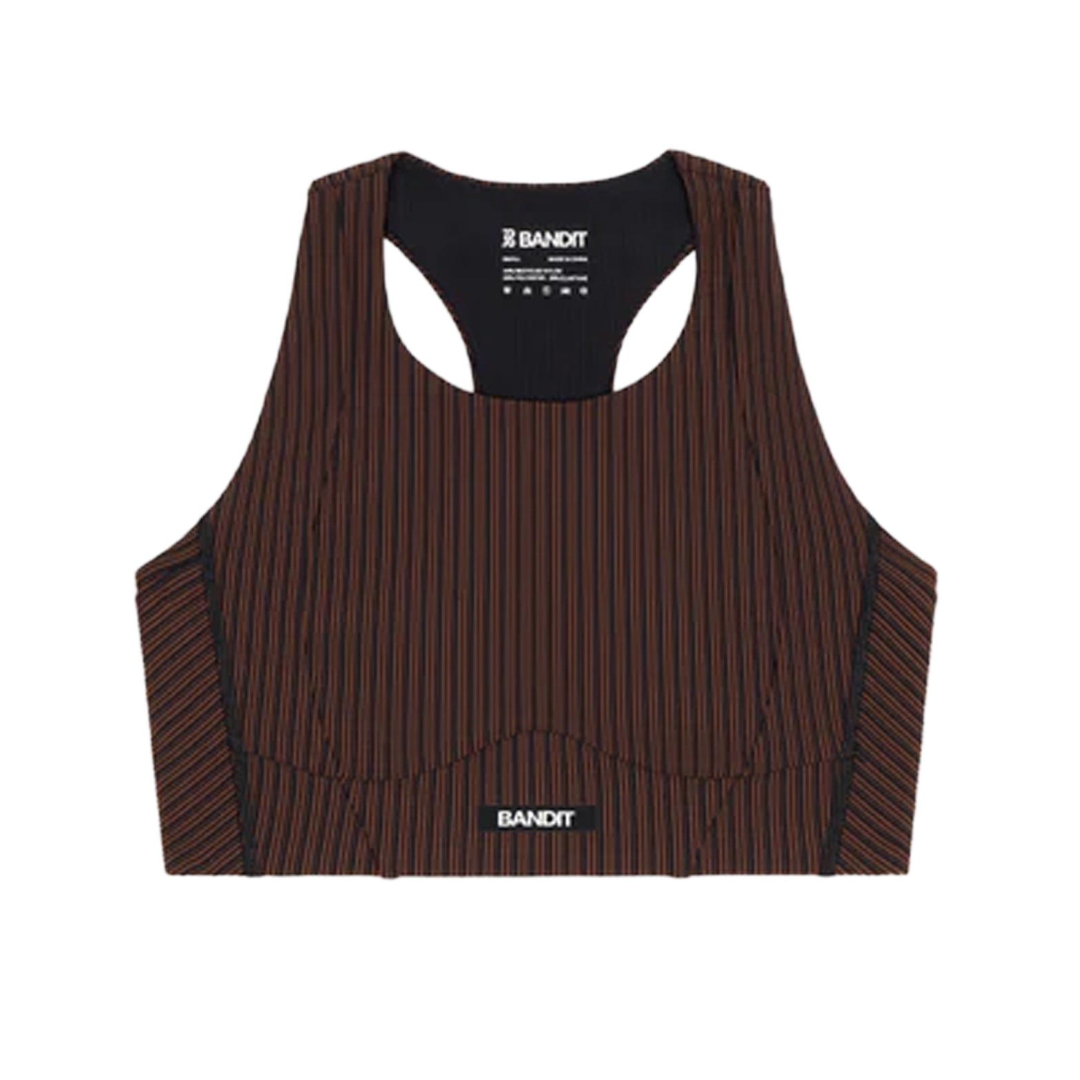 Bandit Striped Cadence Longline Bra women's in Cacao / Black — front product shot showing longline silhouette, cacao and black striped Cadence™ ribbed knit construction and double-layer support