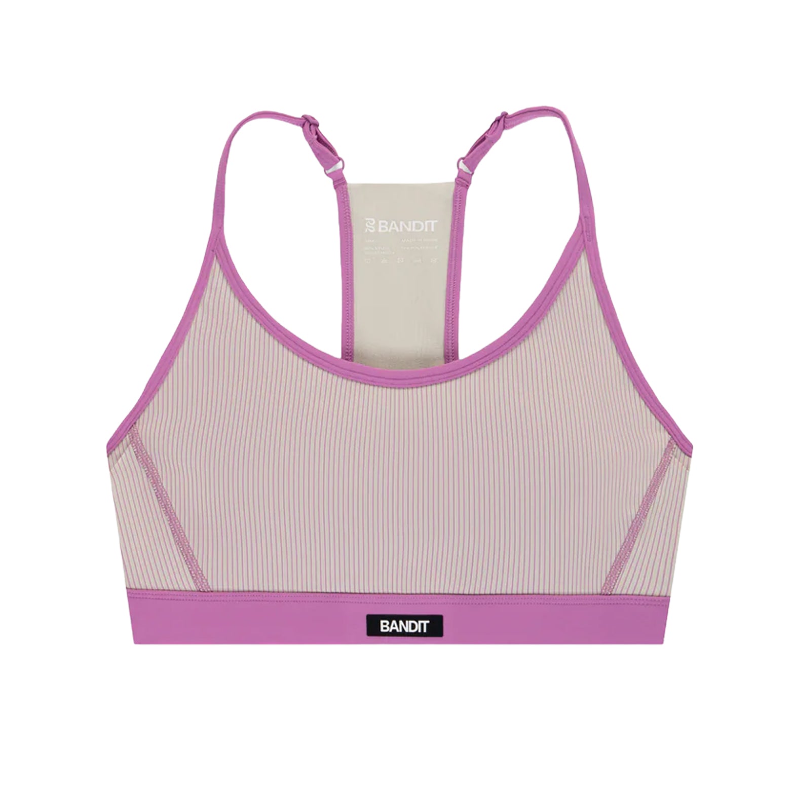 Women's Bandit Striped Cadence Strappy Bra Plaster Orchid front product view showing Striped Cadence ribbed compression with adjustable straps and Bandit branding at centre chest