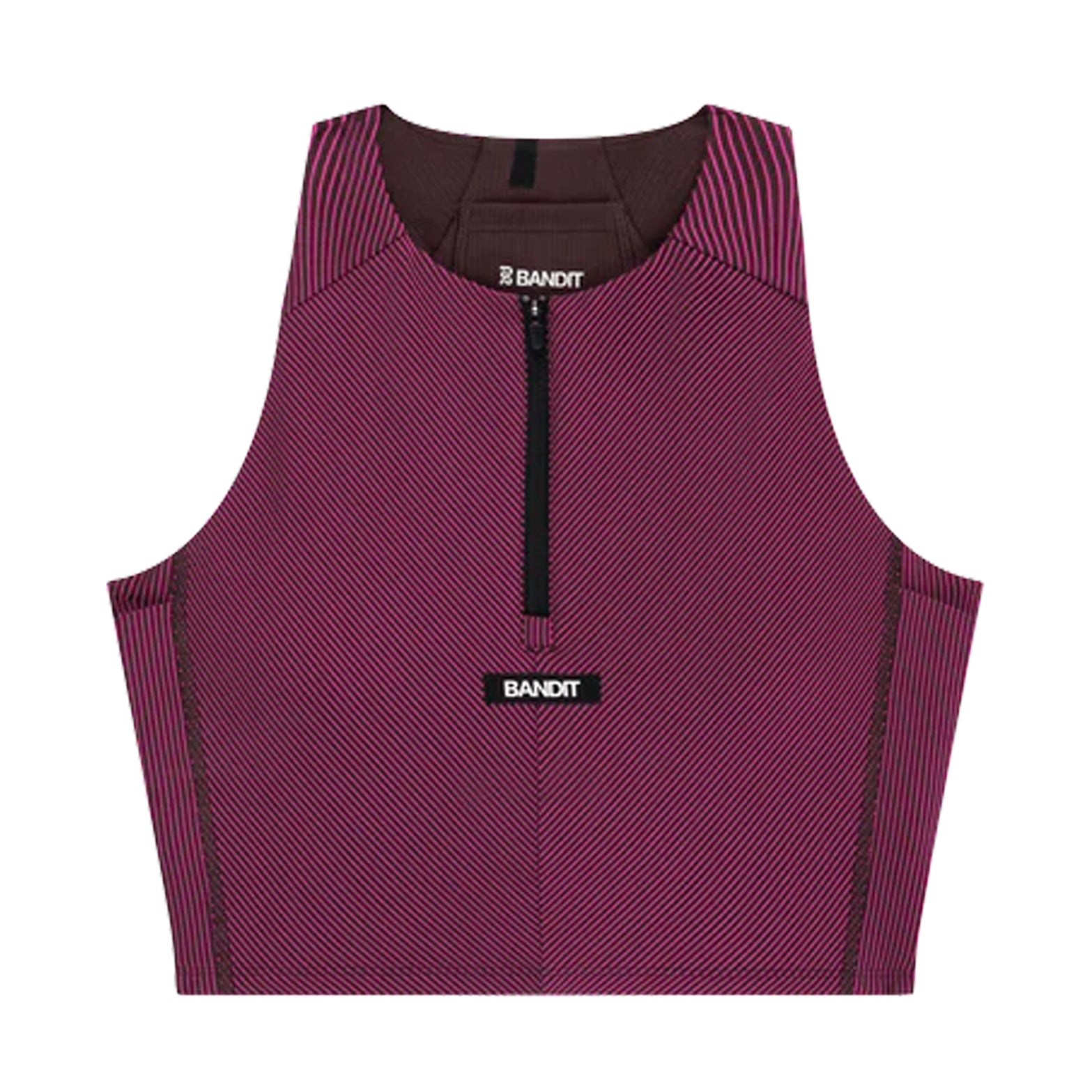 Women's Bandit Striped Cadence Zip Front Race Crop Espresso Azalea front product view showing Striped Cadence ribbed compression with custom-branded zip front and halter fit design