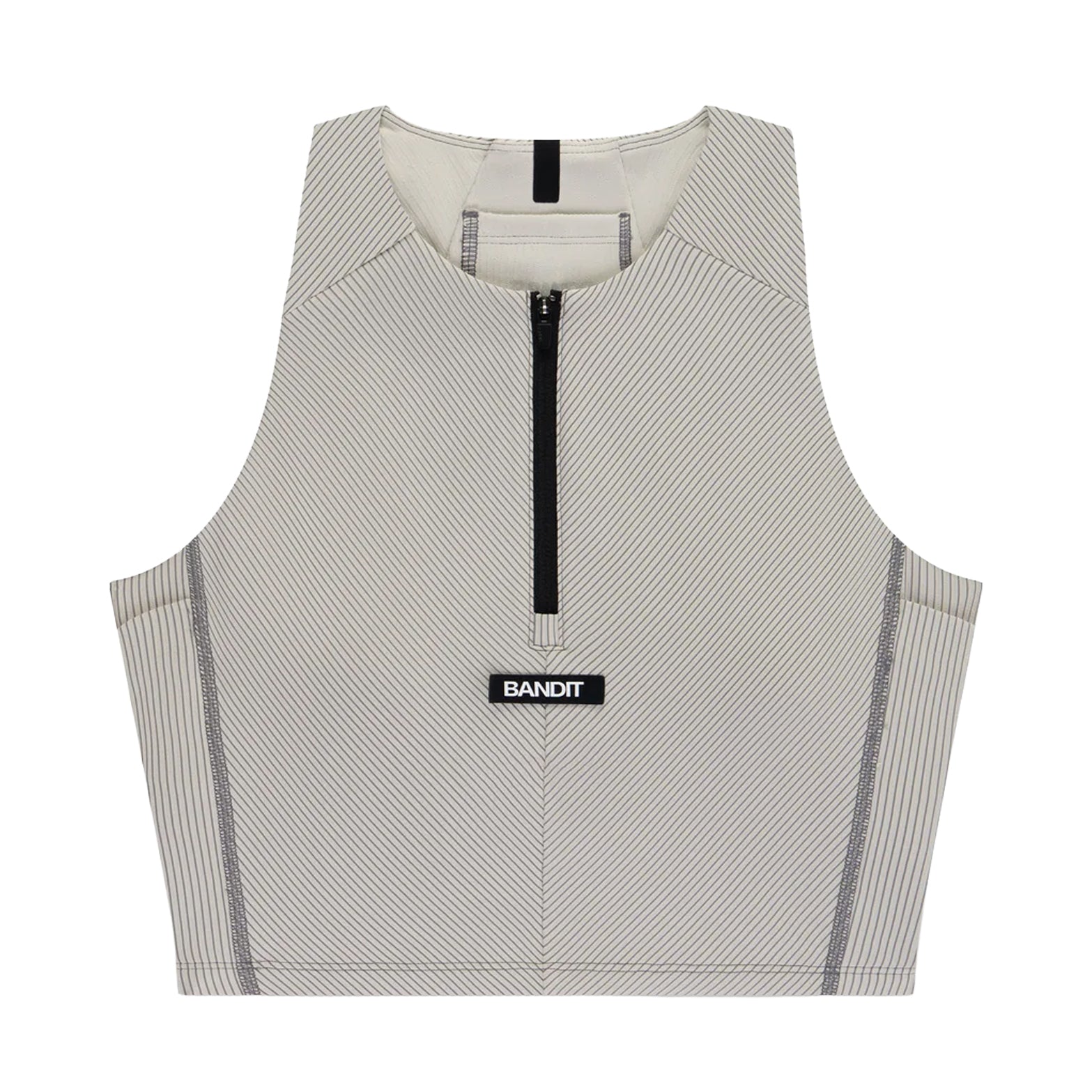 Women's Bandit Striped Cadence Zip Front Race Crop Plaster Slate front product view showing Striped Cadence ribbed compression with custom-branded zip front and halter fit design