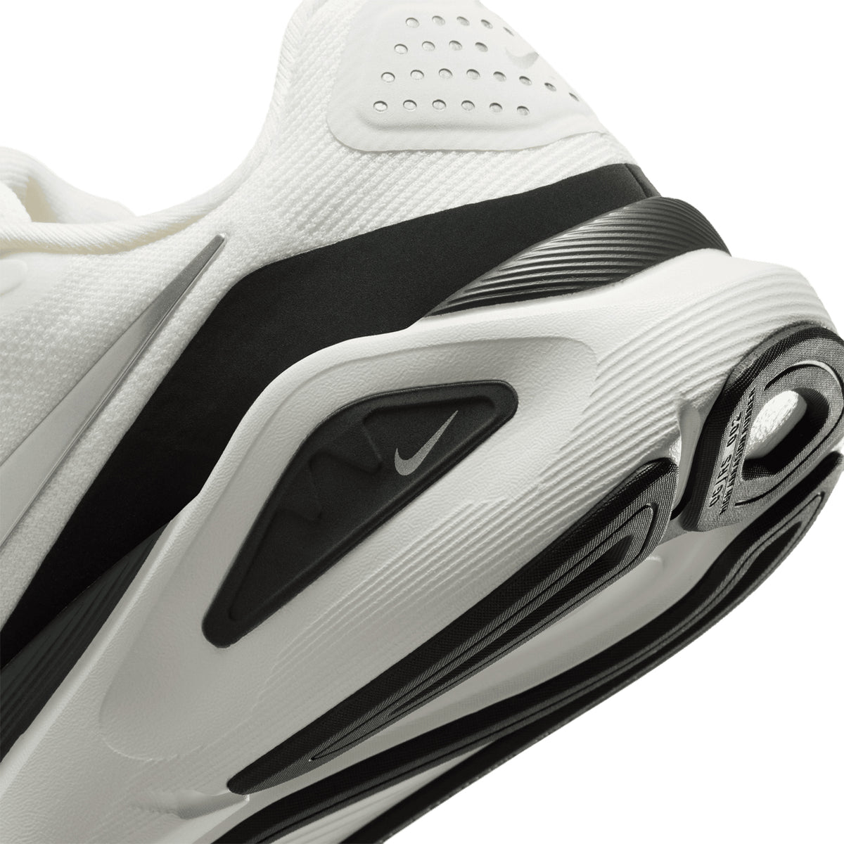 Women's Nike Structure 26 ESS Running Shoes Summit White Anthracite Metallic Silver angled side and heel view showing double-stacked ZoomX and ReactX cushioning with midfoot support system for stable plush daily road running