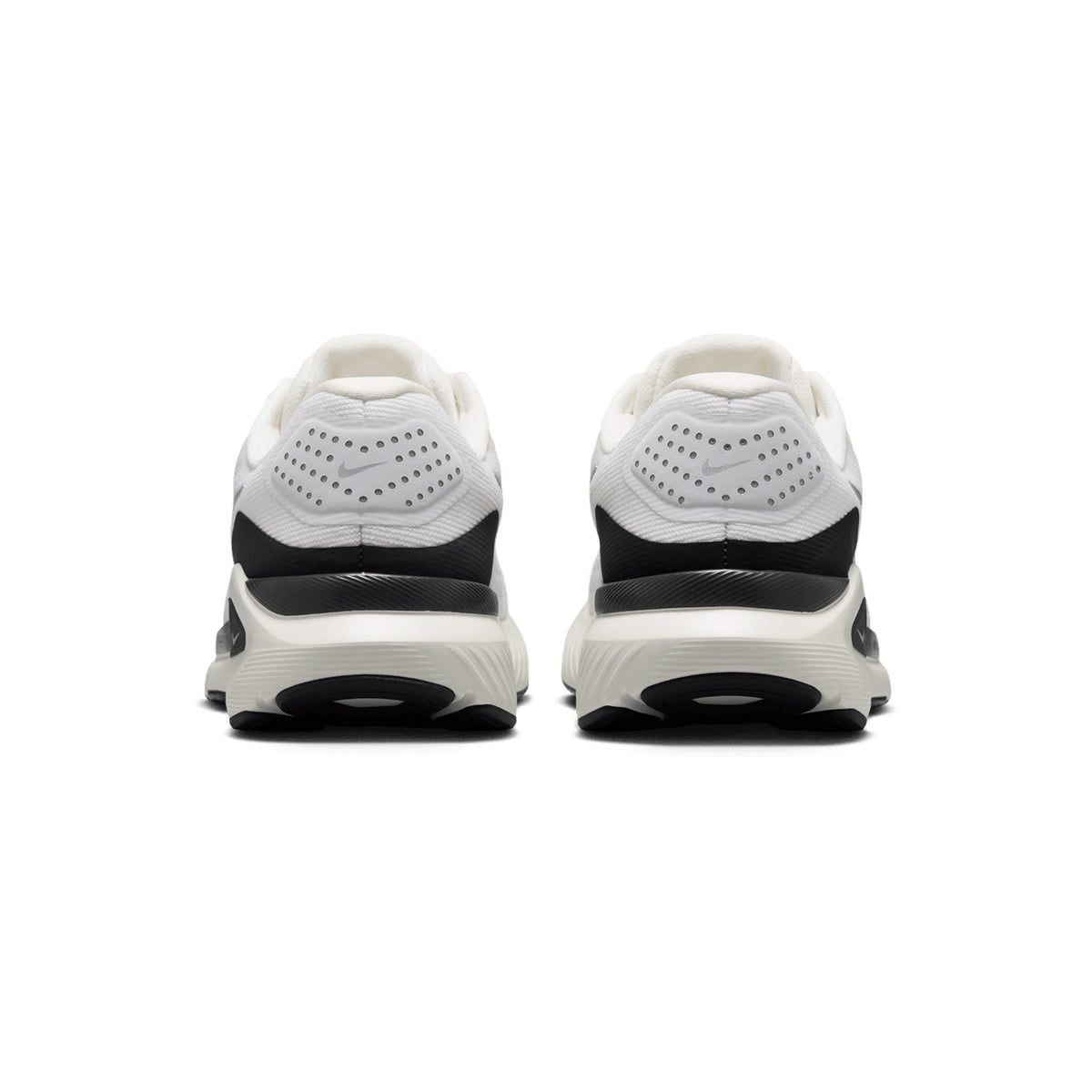 Women's Nike Structure 26 ESS Running Shoes Summit White Anthracite Metallic Silver heel view showing double-stacked ZoomX and ReactX foam with midfoot support system for Nike's most cushioned stability shoe