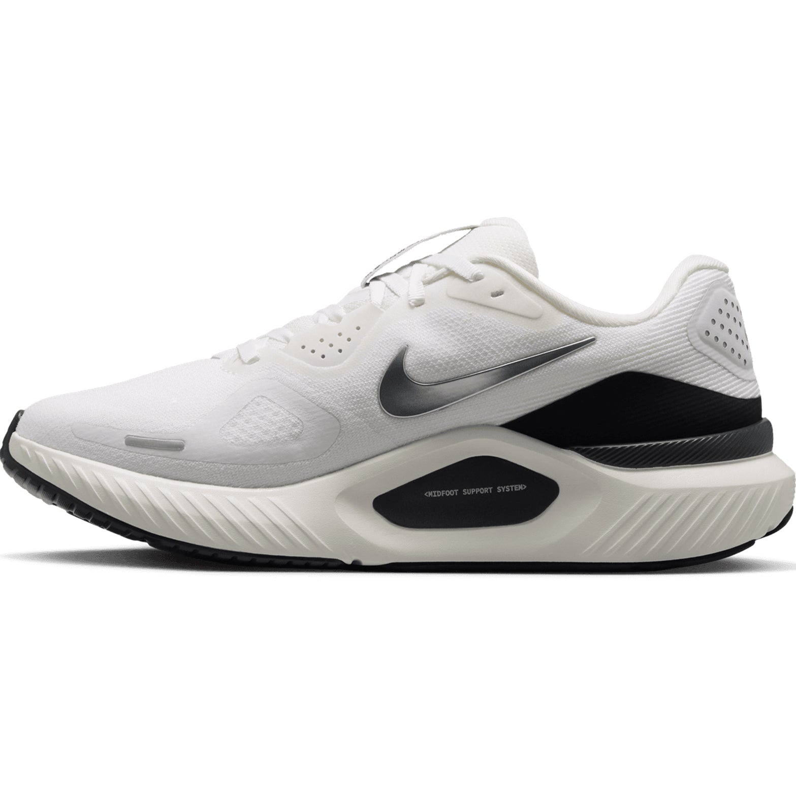 Women's Nike Structure 26 ESS Running Shoes Summit White Anthracite Metallic Silver inner side view showing midfoot support system with double-stacked ZoomX and ReactX cushioning for stable daily road running