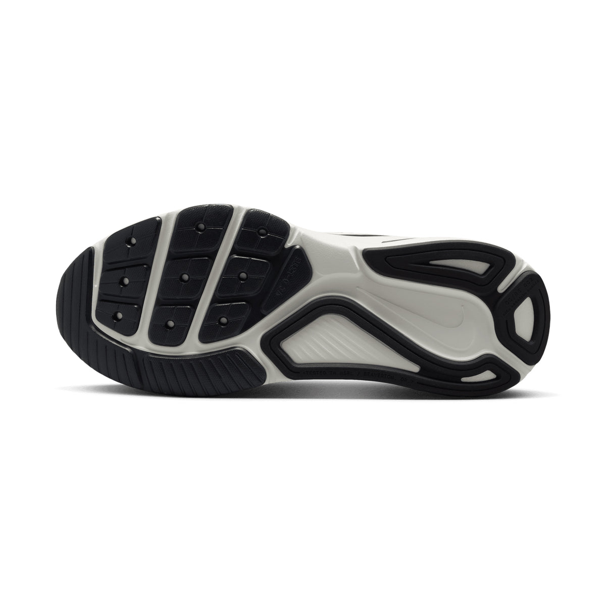 Women's Nike Structure 26 ESS Running Shoes Summit White Anthracite Metallic Silver sole view displaying durable outsole with double-stacked foam platform for stable cushioned road running