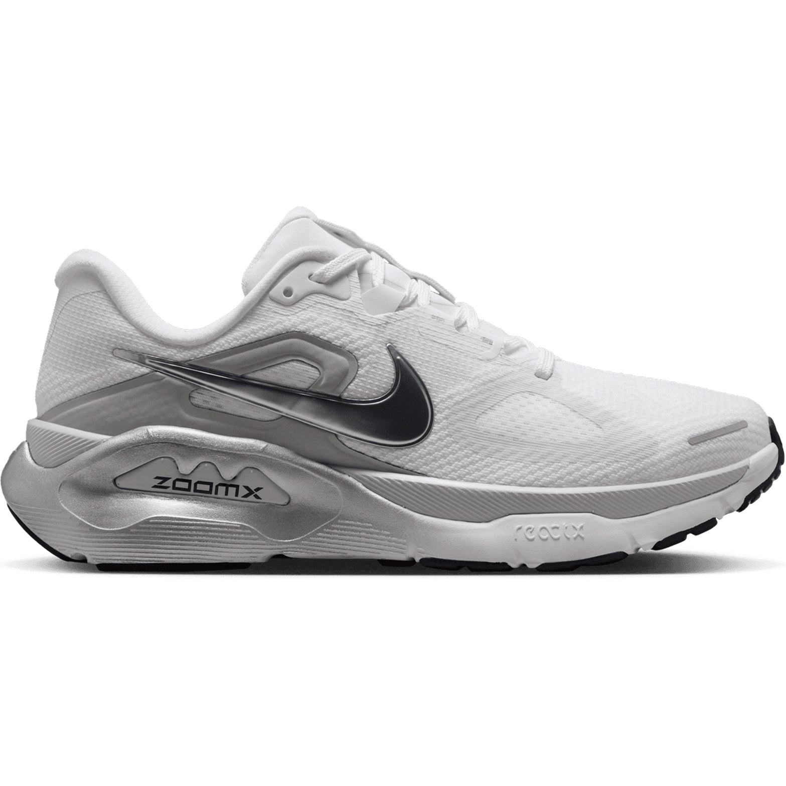 Women's Nike Structure Plus ESS Running Shoes Summit White Photon Dust Metallic Silver outer side view showing double-stacked ZoomX and ReactX foam with midfoot support system for cushioned stability running