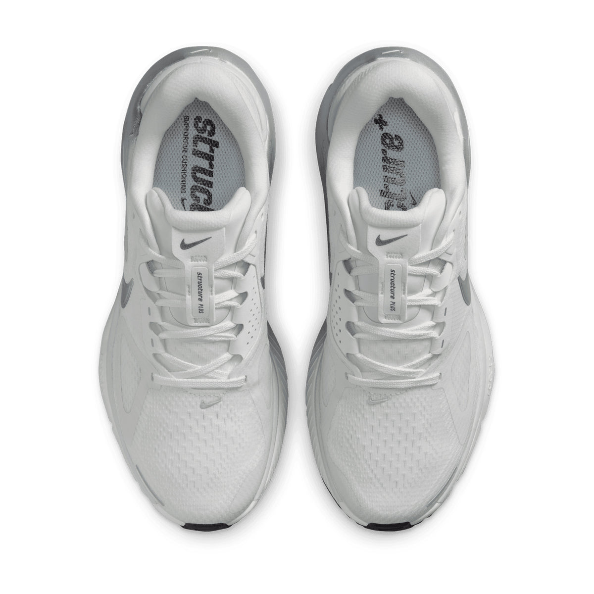 Women's Nike Structure Plus ESS Running Shoes Summit White Photon Dust Metallic Silver top view showing breathable upper construction with stability design for comfortable daily training