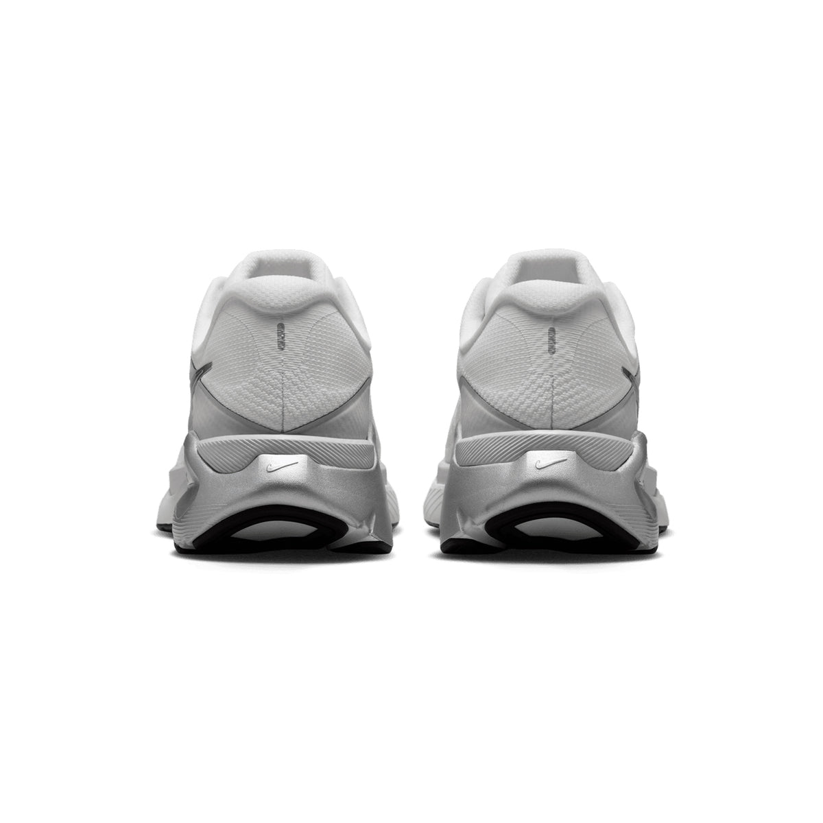 Women's Nike Structure Plus ESS Running Shoes Summit White Photon Dust Metallic Silver heel view showing double-stacked ZoomX and ReactX foam with midfoot support system for Nike's most cushioned stability shoe