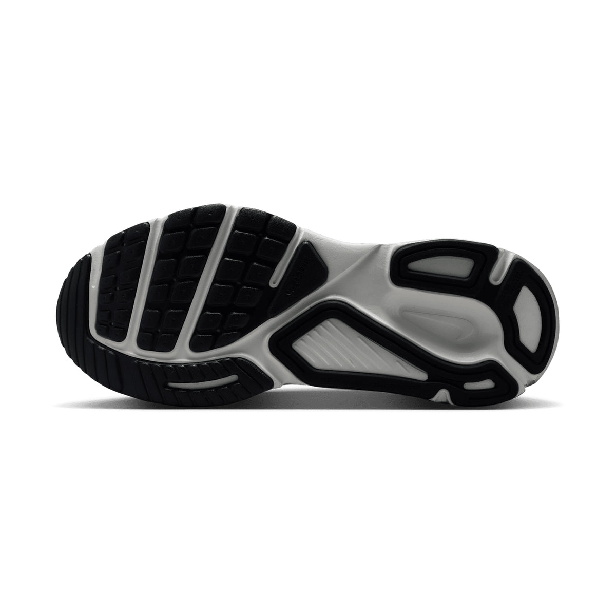 Women's Nike Structure Plus ESS Running Shoes Summit White Photon Dust Metallic Silver sole view displaying durable outsole with double-stacked foam platform for stable cushioned road running