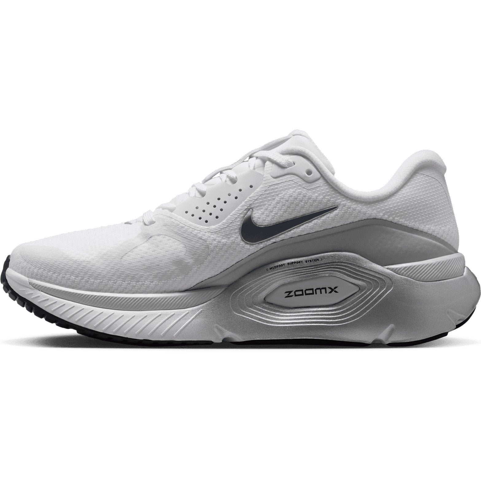 Women's Nike Structure Plus ESS Running Shoes Summit White Photon Dust Metallic Silver inner side view showing midfoot support system with double-stacked ZoomX and ReactX cushioning for stable daily road running