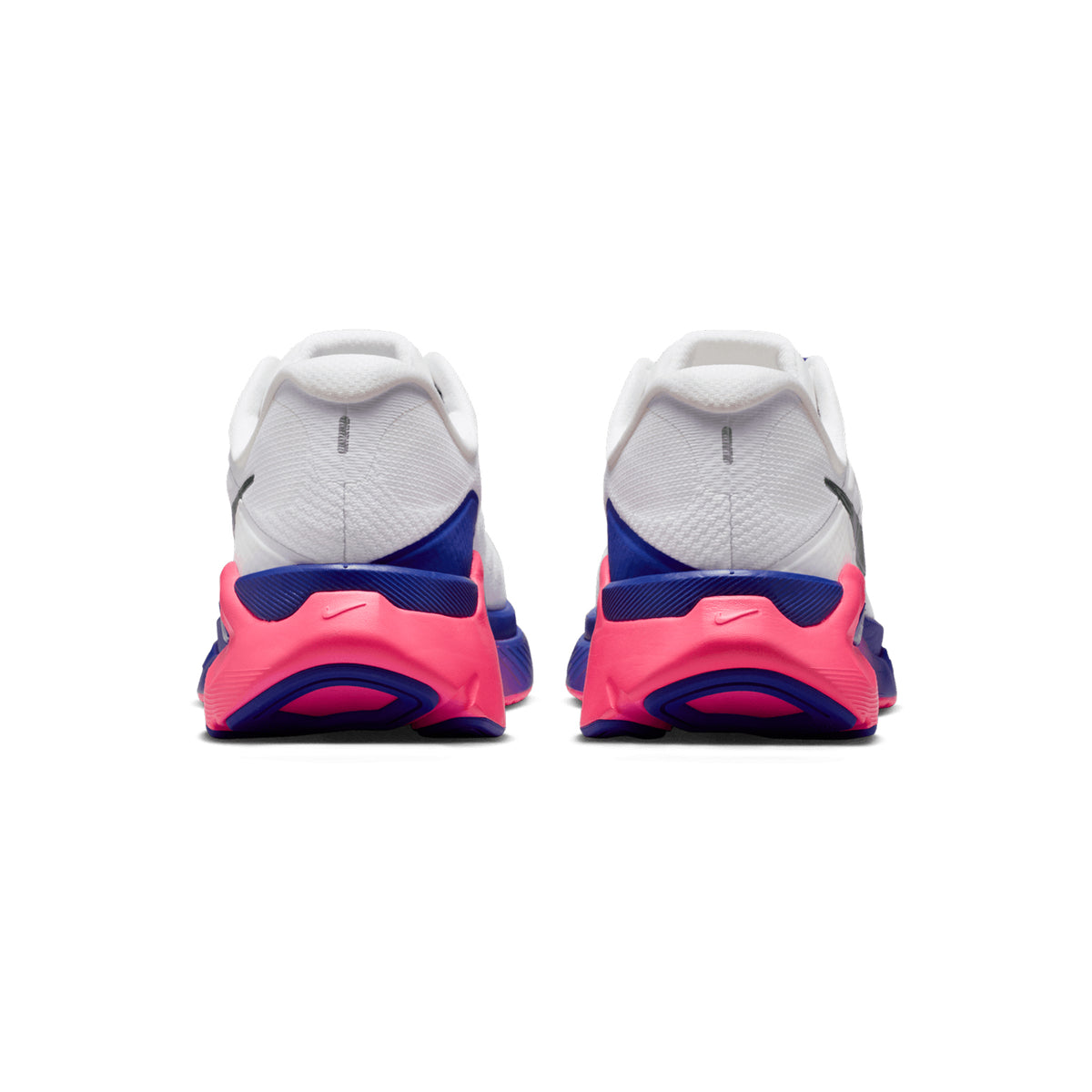 Nike Structure Plus SE women's running shoe in White / Concord / Hyper Pink / Anthracite — heel view showing midfoot support system construction, padded collar, reflective detailing and double-stacked ZoomX ReactX midsole contrast
