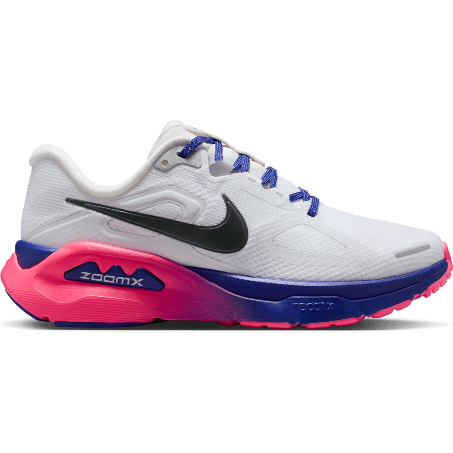 Nike Structure Plus SE women's running shoe in White / Concord / Hyper Pink / Anthracite — outer view showing white engineered mesh upper with concord and hyper pink accent detailing, anthracite contrast and double-stacked ZoomX ReactX midsole profile