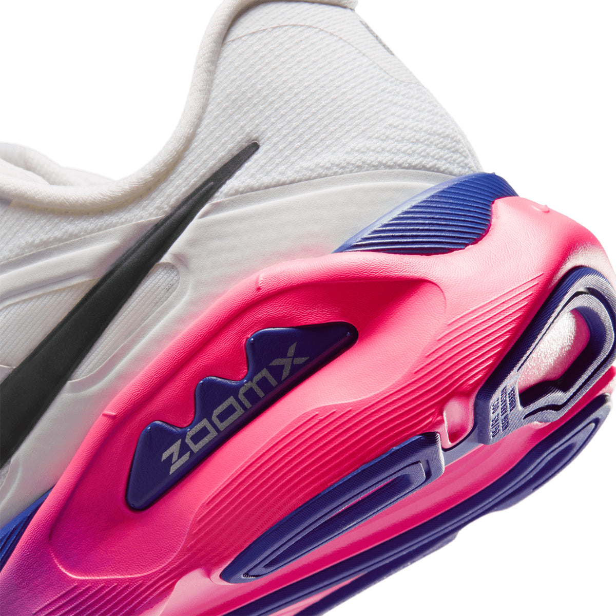 Nike Structure Plus SE women's running shoe in White / Concord / Hyper Pink / Anthracite — angled side view showing white engineered mesh upper, hyper pink and anthracite accent detailing and double-stacked ZoomX ReactX midsole stack with concord contrast