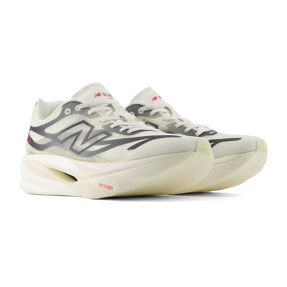 Women's New Balance SuperComp Elite v6 Running Shoes Grey Matter Neo Flame angled side view of pair showing Infinion foam midsole with fine-tuned carbon fibre plate, FANTOMFIT upper and sculpted geometric design for New Balance's most refined race day performance