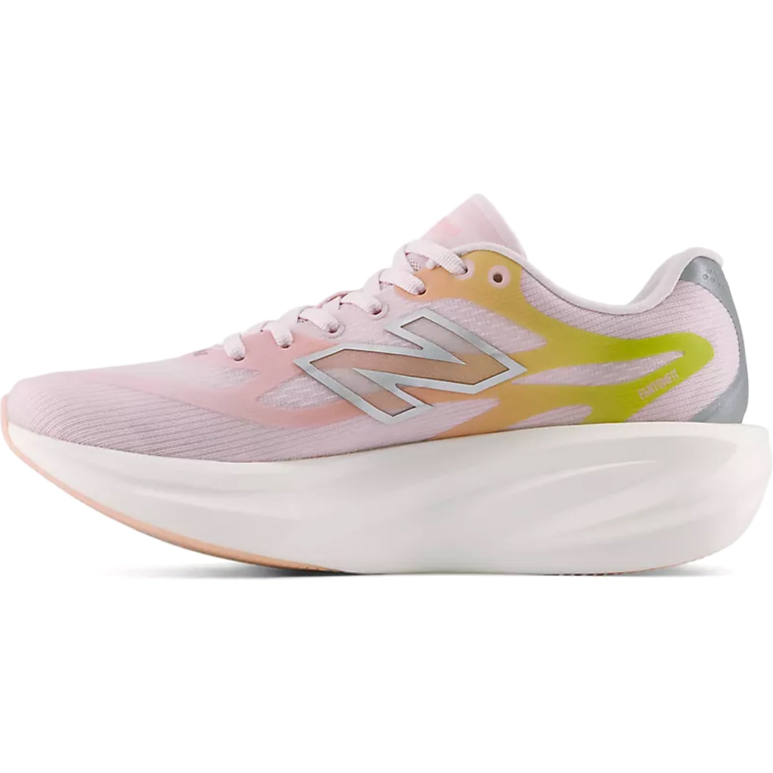 Women's New Balance SuperComp Rebel Running Shoes Pink Chalk Pink Lemonade inner side view showing Infinion foam with precision plate and FantomFit midfoot lockdown for secure responsive daily running